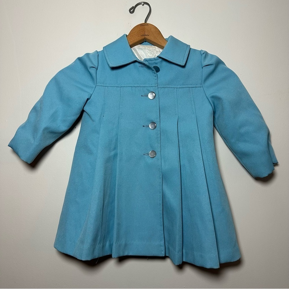 Vintage 1960s Toddler Sky Blue Button Front Pleated Dress Coat Size 4 (4T)